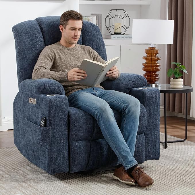 Power Lift Chair with Massage &amp Heat Electric Recliner Chairs for Adults Remote Control Living Room Sofa Standing Assistance USB Ports Stainless Steel Cup HoldersChenille Blue
