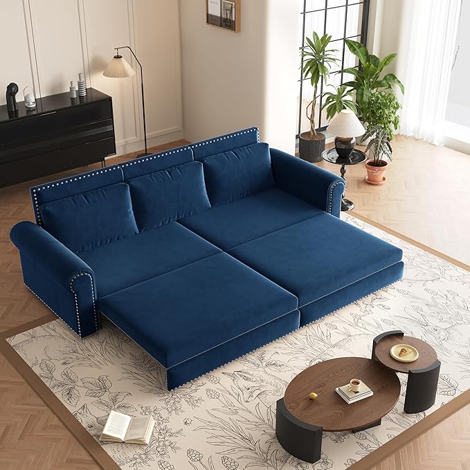 93.7 Chesterfield 3 Seater Pull Out Sofa Bed King Size with Pillows Velvet 3-in-1 Convertible Sleeper Couch with Nails Trim Space Saving for Living Room Blue