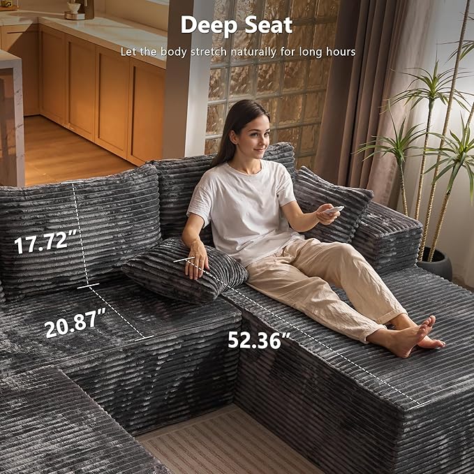 108 L-Shape Boneless Couch with Ottoman Modern Deep Seat Cloud Sectional Couches for Living Room Plush Corduroy Memory Foam Modular Sofa in a Box Grey
