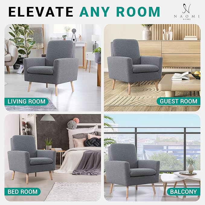 Naomi Home Frida Modern Accent Chair with Plush Fabric Ergonomic Indoor Lounge Chair Comfy Arm Chair for Bedroom &amp Living Room Chairs with Oak Legs and Thick Cushioning