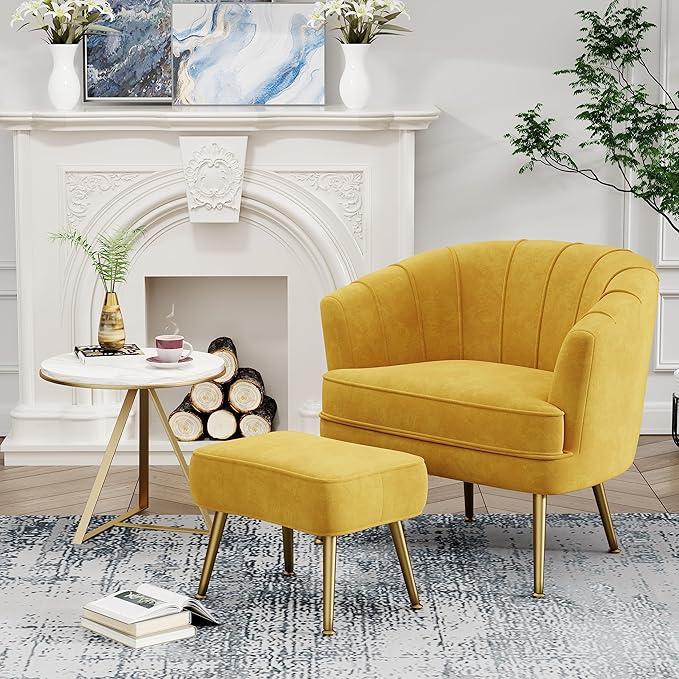 Andeworld Velvet Accent Chair with Ottoman Upholstered Modern Single Sofa Side ChairComfy Barrel Club Living Room Armchair with Golden Metal Legs for Bedroom Living Reading Room Office Yellow