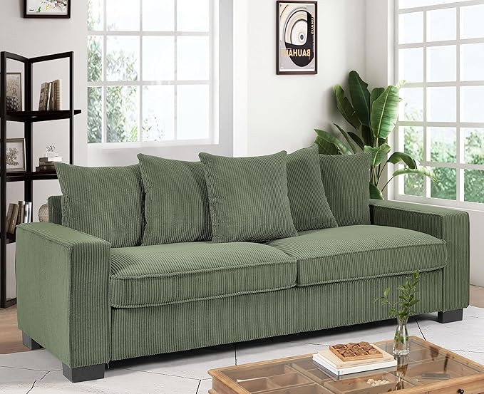 Luxe Corduroy Sofa with 5 Matching Toss Pillows Sleek Design Spacious and Comfortable 3 Seater Couch for Modern Living Room 88 Wide Dark Green