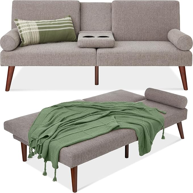 Best Choice Products Mid-Century Modern Upholstered Futon Convertible Folding Sofa Bed Small Couch w/Rounded Armrests 2 Cupholders - Gray