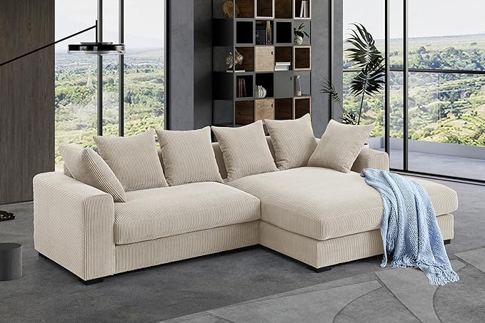 U-Shaped Cloud Sectional Couch Symmetrical Modular Compressed Boneless Sectional Sofa with Chaise Lounges and Console Plush Corduroy Boneless Corner Sofa for Living Room