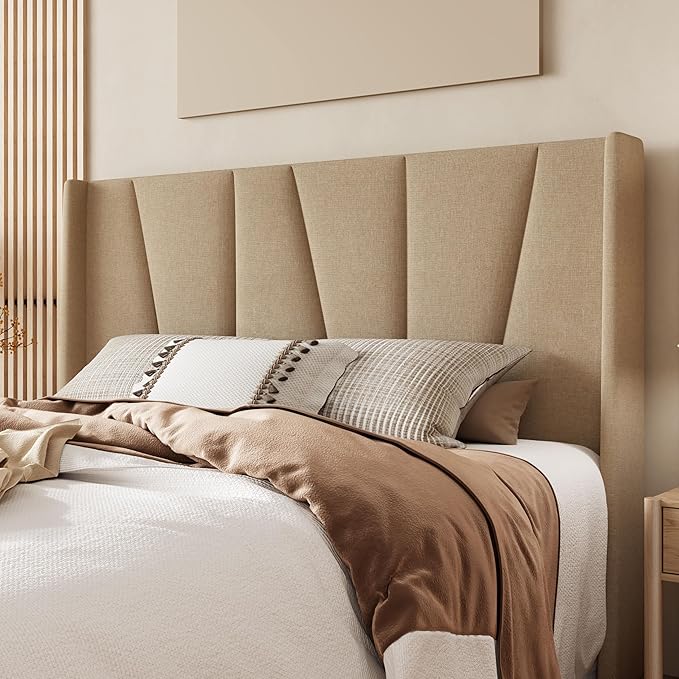 Allewie Full Size Platform Bed Frame with Geometric Wingback Headboard Boho Upholstered Bed with Wooden Slats Support No Box Spring Needed Easy Assembly Beige