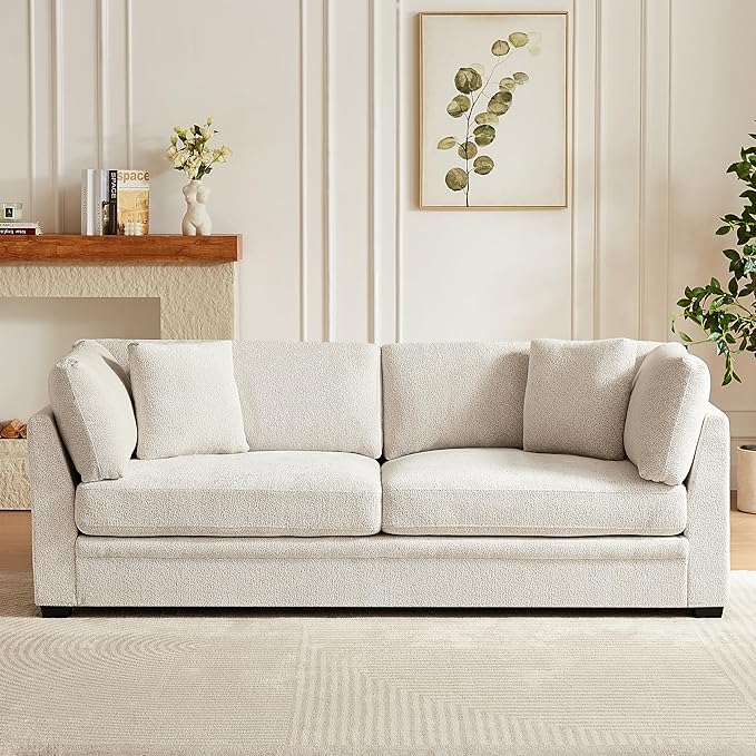 Christopher Knight Home Masie Chenille Upholstered 3 Seater Sofa Couch Wooden Home Sofa Living Room Comfy Cloud Couch for Bedroom Home Office Beige