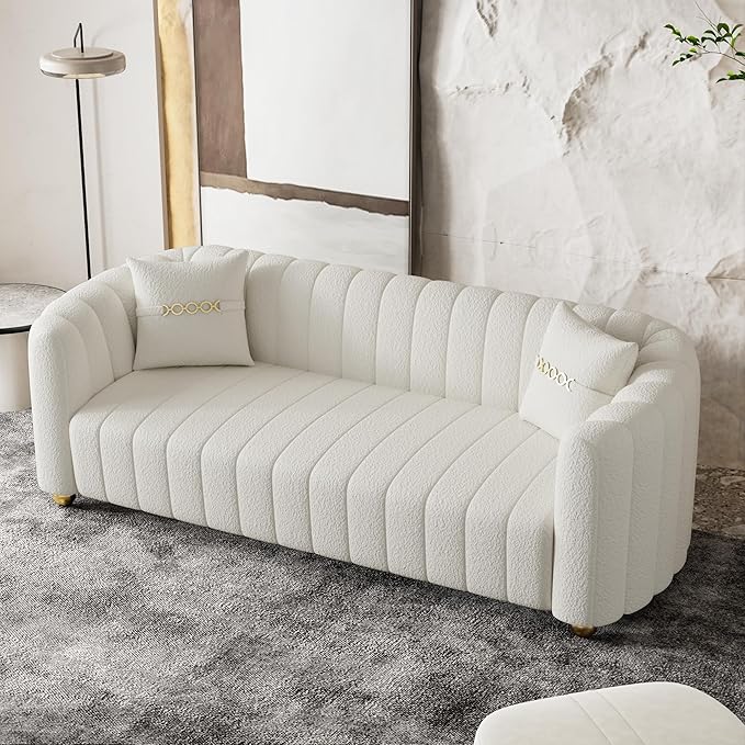 Luxury Teddy Plush Sofa for Living Room 84 Mid-Century Modern Couch 3 Seater Sofa with Gold Legs &amp 2 Pillows Sectional 3 Seater Couch Upholstered Sofa for Living Room Home Office Apartment