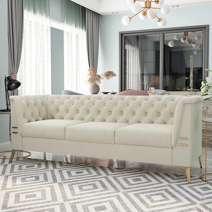 Tomkate 83 Beige Velvet Chesterfield Sofa Mid-Century Modern Tufted 3-Seater Couch with Flared Arms Removable Cushions &amp Gold Metal Legs for Living Room (Beige)