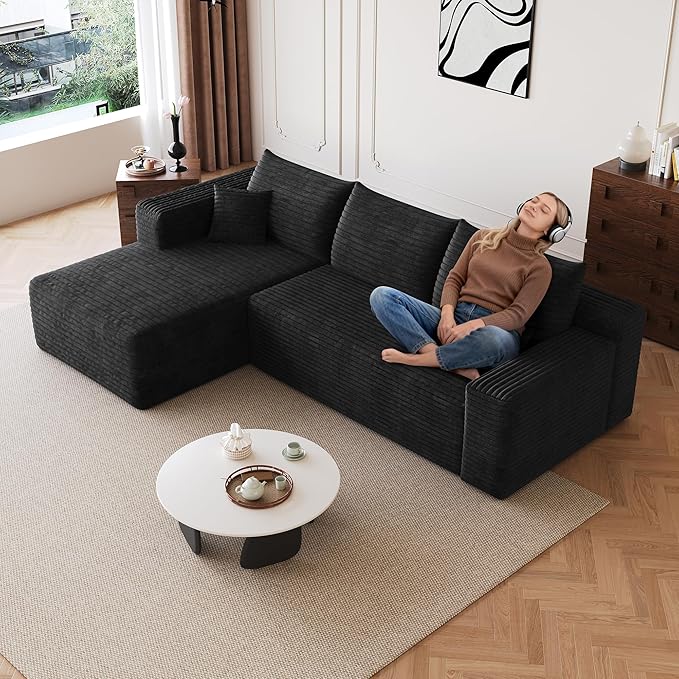 96 Boneless Cloud Modular Sectional Sofa – L-Shape Corduroy CouchDeep Seating Comfort No Assembly Ideal for Apartments &amp Small Living Rooms (BlackLeft Facing)