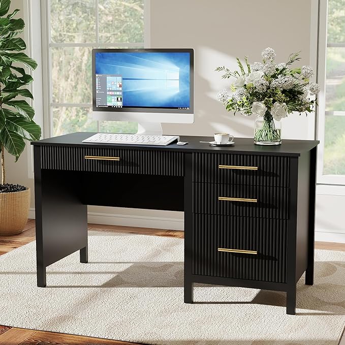Modern Executive Desk with Drawers: 54 Black Computer Desk with File Drawer Wood Writing Desk with Storage Fluted Home Office Desks for Living Room