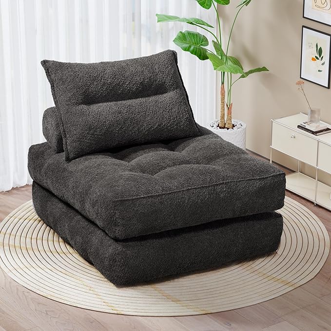 Folding Sofa Bed Fold Out Chair Bed with Pillow Convertible Sleeper Chair for Living Room/Small Spaces Foldable Lazy Sofa Bed Floor Chair Comfy Teddy Velvet Couch Bed Dark Grey