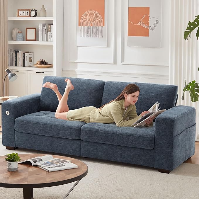 Ihanherry 2-Seater Couch with Extra Large Sofa Seat Width &amp Depth USB/Type-C Charging Port &amp Side Pocket Modern Sofa for Living Room Removable Medium Firm Cushion Breathable Chenille(89inc