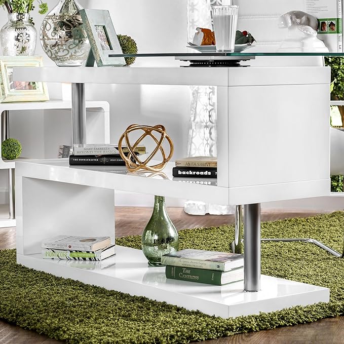 Furniture of America Lilliana Modern Swivel Glass Top S-Shaped Writing Desk for Home Office Studying Room White