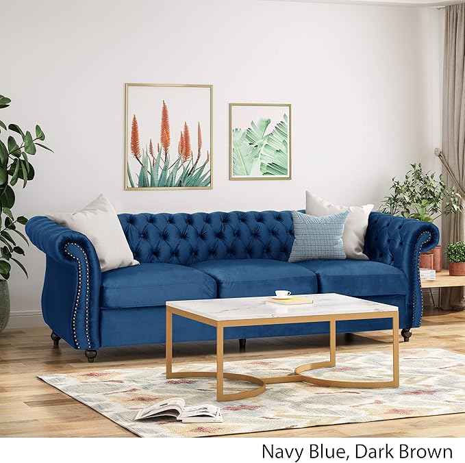 Great Deal Furniture GDFStudio Chesterfield Tufted Jewel Toned Velvet Sofa with Scroll Arms Navy Blue