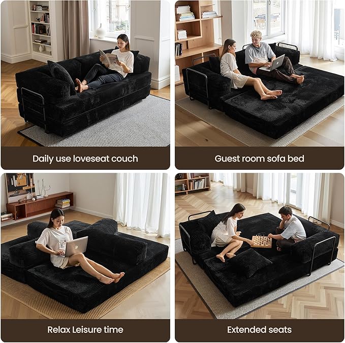 HOOOWOOO Convertible Folding Futon Sofa Bed4 in 1 Corduroy Sleeper Couch No Assembly80.5 Boneless Loveseat Lounge with Steel Frame Support for Living Room Bedroom Guest Room(Black)