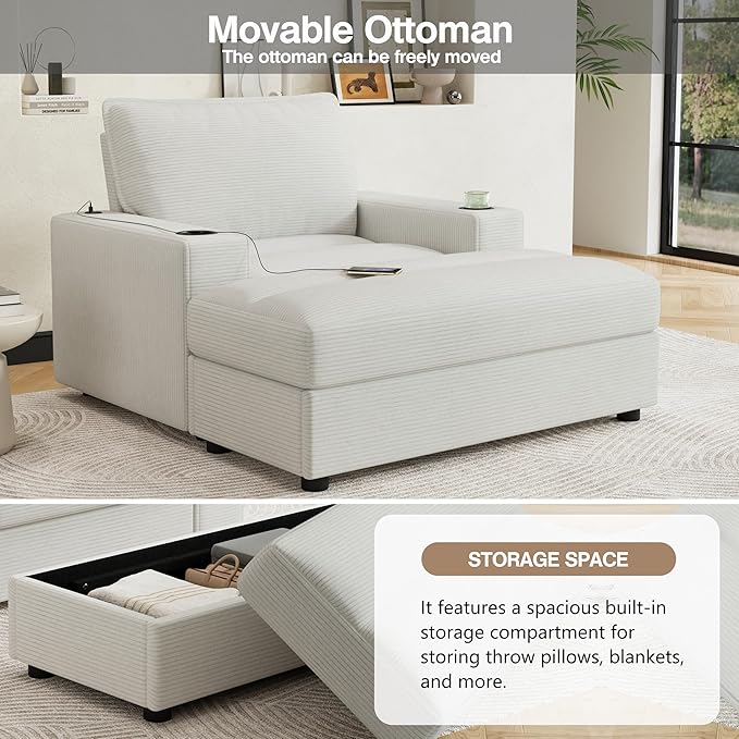 42.8 Oversized Chaise Lounge Chair with Storage Ottoman Corduroy Sofa Bed with Cup Holders &amp USB Charging Port Upholstered Sleeper Chair for Living Room BedroomBeige