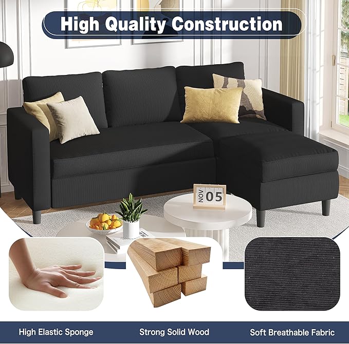 Shintenchi Convertible Sectional Sofa CouchL-Shaped Modular Sofas with Reversible Ottoman3-Seat Upholstered Corduroy Sofa CouchSmall Couches for ApartmentLiving Room and Office(Black)