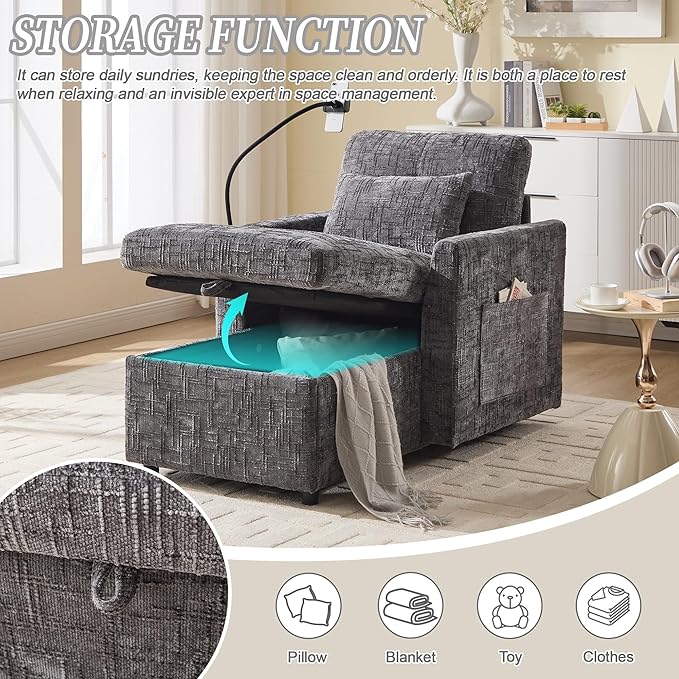 Multifunctional Recliner Sofa Chair with Storage Phone Holder &amp Adjustable Backrest Chenille Fabric Single Leisure Chair for Living Room Bedroom Small Spaces (Grey)