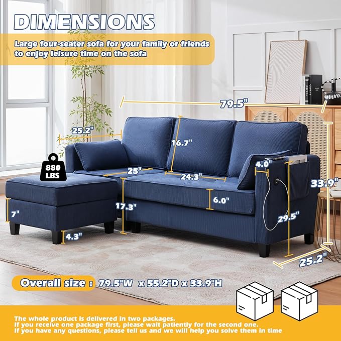Grepatio Sectional Sofa Couch 80 L Shaped Convertible Sofa with 2 Pockets &amp USB Ports 3-Seater Comfy Cloud Modular Couches with Movable Storage Ottom for Living Room Apartment Small Space (Bl