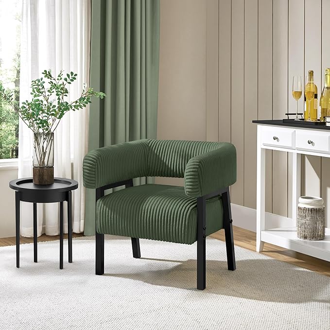 Yaheetech Corduroy Barrel Accent Chair Set of 2 Modern Upholstered Armchair with Solid Wood Legs Cozy Leisure Chair with Pocket Coiled Seat for Living Room Bedroom Reading Nook Dark Green