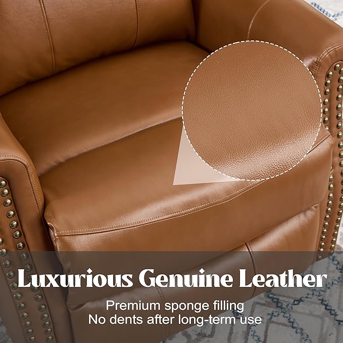 Manual Rocker Swivel Recliner Chair for Adults Vibration Massage Reclining Glider Chair with Lumbar Heat Rivet Design Single Sofa for Living Room Genuine Leather Brown