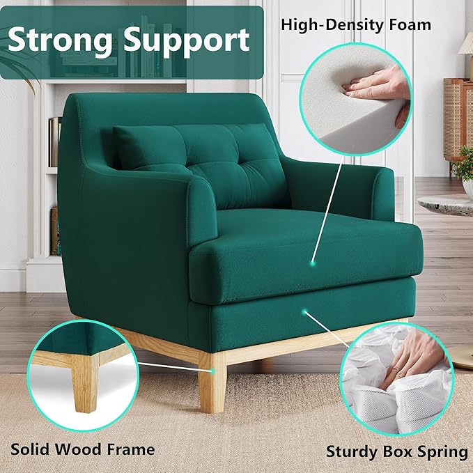 LINSY Oversized Accent Chairs for Bedroom Living Room High Back Large Accent Chair Comfy Reading Chairs for Adults Mid Century Green Velvet Chair with Lumbar Pillow Oversized Armchair