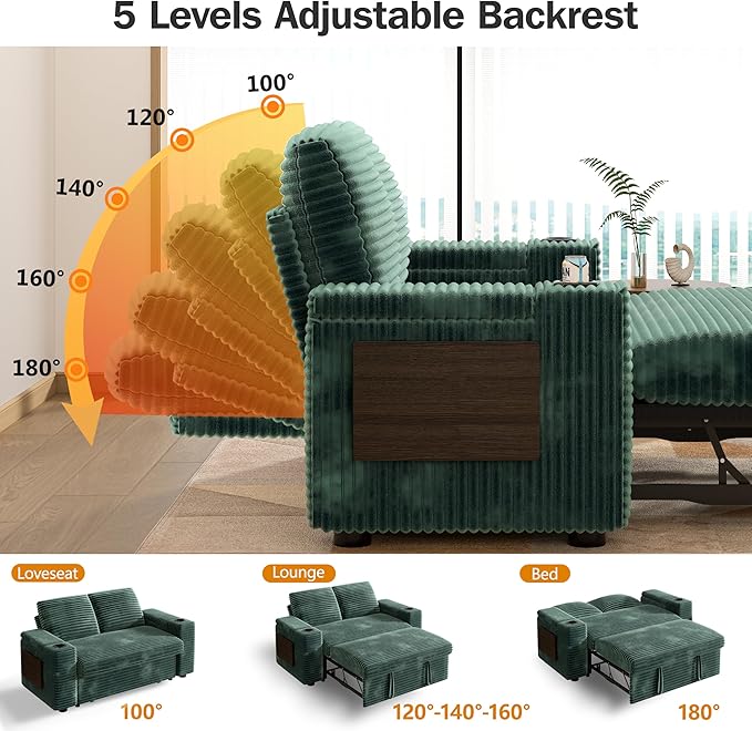 Vipbear 65 Loveseat Sleeper Sofa with Pull Out Bed Plush Corduroy 3-in-1 Convertible Sofa Bed with Reclining Backrest|USB Ports|Cup Holders|Side Table|Storage Armrests Tool Free Assembly Green