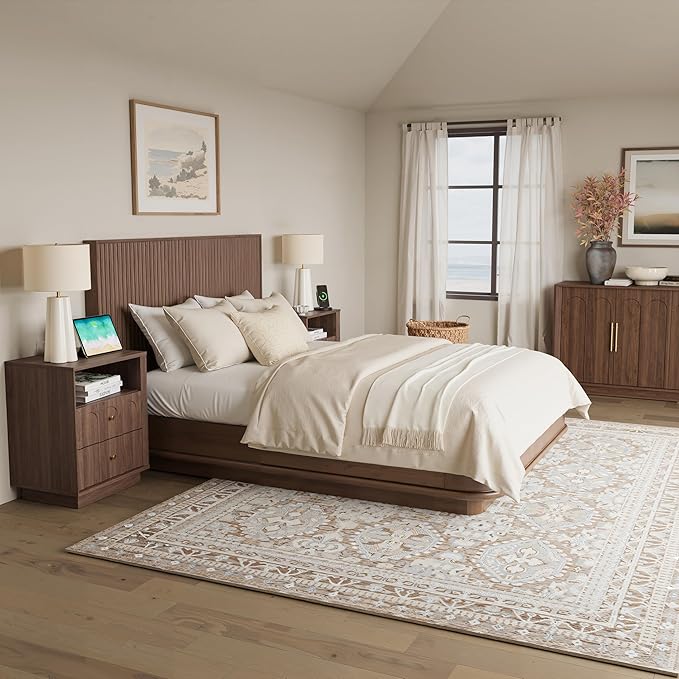 Nightstand with Charging Station Mid Century Modern Nightstand with Arched Design Minimalist End Table with Wood Grain Texture Bedside Table for Bedroom Living Room Sofa Office Walnut