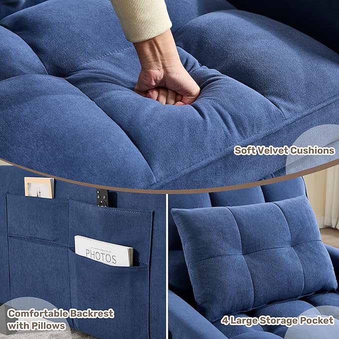 Convertible Sleeper Chair 3 in 1 Sleeper Chair Bed Pull Out Sofa Bed Chair Single Sofa Bed Adjustable Backrest Chairs Bed Sleeper for Adults Reading Living Room Bedroom Velvet Blue