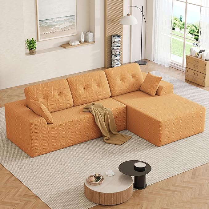 Ball &amp Cast 106 Cloud Modular Sectional Sofa Boneless Chenille Couch with Deep Seat Comfy L-Shaped Sectional Modern Upholstered Sofa for Living Room No Assembly (Orange Right Facing Chaise)
