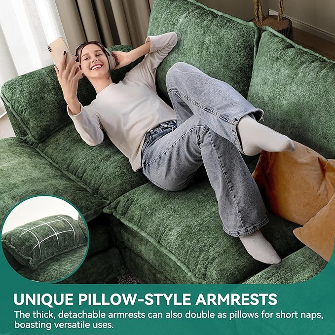 DWVO 108 Modular Sectional Sofa Modern L Shaped Couch with Movable Ottoman Pillow-Armrest Velvet 4 Deep Seat Cloud Couch for Living Room Green