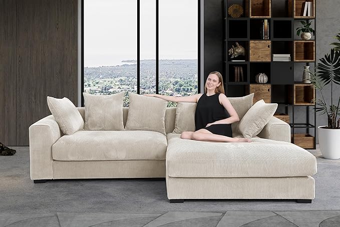 U-Shaped Cloud Sectional Couch Symmetrical Modular Compressed Boneless Sectional Sofa with Chaise Lounges and Console Plush Corduroy Boneless Corner Sofa for Living Room