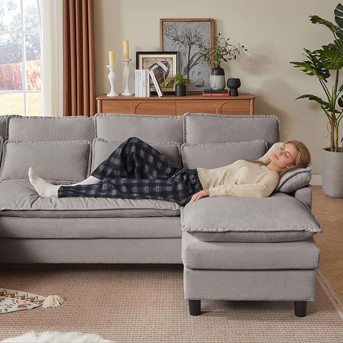 Convertible Sectional Sofa 104 U Shape Cloud Couch Comfy Couches with Double Chaise and Sleepable Armrests 4 Seats Sectional Sofa for Living Room Light Grey