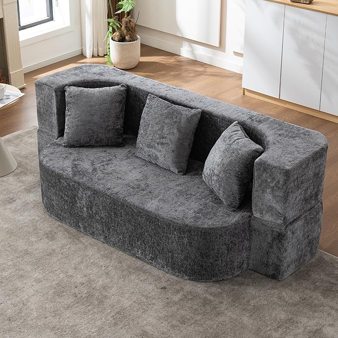 2 in 1 Convertible Sofa Bed 78.8 Modern Loveseat Sofa Couch Curved Folding Sleeper for Living Room Apartment Small Space No Assembly Required Grey