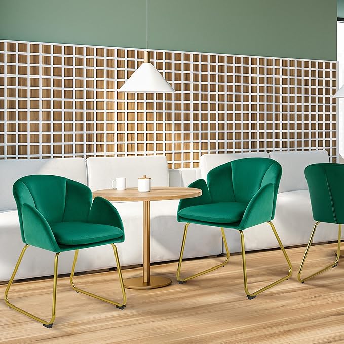 Yaheetech Velvet Living Room Chair Flower Shaped Armchair with Golden Legs Upholstered Side Chair for Vanity Room Living Room Kitchen Green