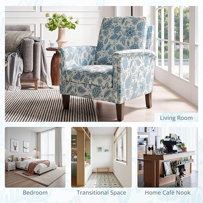 Accent Chair Set of 2 Modern Floral High Back Upholstered Armchair with Solid Legs for Living Room Spring-Padded Cushion and Removable Back Cushion Bedroom Reading Single Sofa Chair Blue