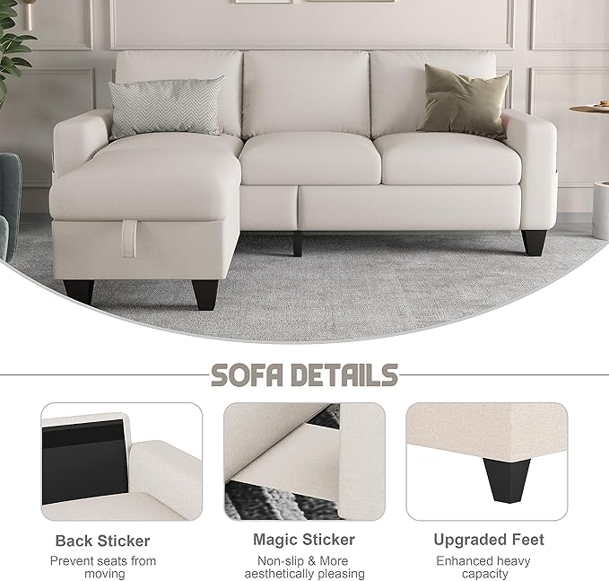 ZeeFu Couch for Living Room - 78'' Beige Linen 3 Seat L-Shaped Sectional Sofa Couches with Storage Ottoman - Modern Small Space Upholstered Furniture Sofa Set for Office Small Space Apartment