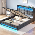 Rolanstar Bed Frame Queen Size with Lift Up Storage Charging Station &amp LED Lights Upholstered Storage Headboard Heavy Duty Wooden Slats No Box Spring Needed Noise Free Easy Assembly Dark Gr