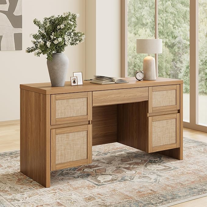 Yechen Executive Desk with 5 Drawers 57 Modern Rattan Home Office Desk with Charging Station File Drawer Farmhouse Boho Computer Writing Desk for Study Work Walnut Brown