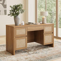 Yechen Executive Desk with 5 Drawers 57 Modern Rattan Home Office Desk with Charging Station File Drawer Farmhouse Boho Computer Writing Desk for Study Work Walnut Brown