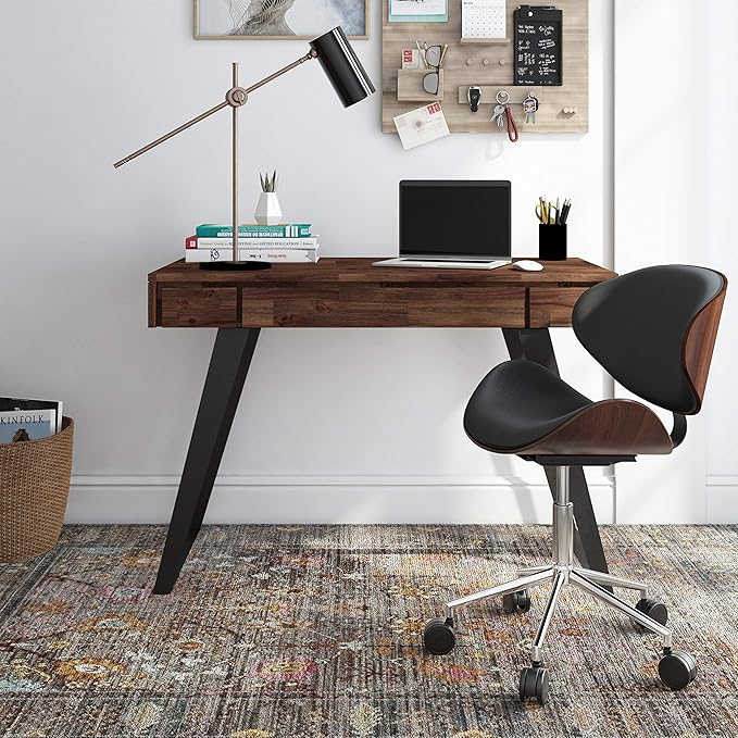SIMPLIHOME Lowry Small Desk - 44 Inch Wide Solid Acacia Wood and Metal Writing Desk in Distressed Charcoal Brown Modern Industrial Home Office Table with 2 Drawers and Flip-Down Keyboard Tray