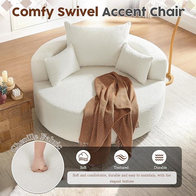 Antetek 360-Degree Swivel Accent Chair Oversized Modern Comfy Chenille Round Swivel Chaise Lounge Sofa Chair with Backrest Cushion &amp 2 Throw Pillows for Living Room Bedroom Office Beige