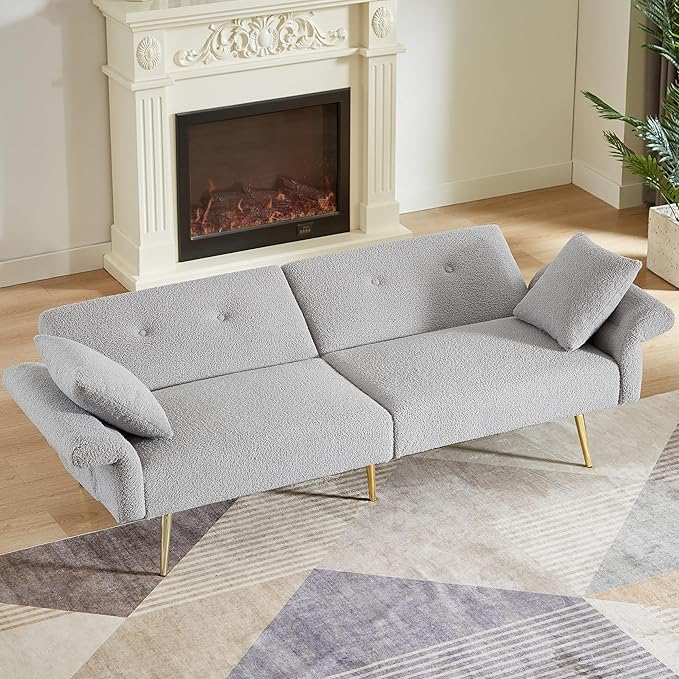 69.5 Grey Convertible Futon Sofa Bed with Adjustable Backrest and Armrests Teddy Upholstered Loveseat Sleeper Couch with 2 Pillows and Metal Legs Love Seat for Guest Room Living Room (Grey)