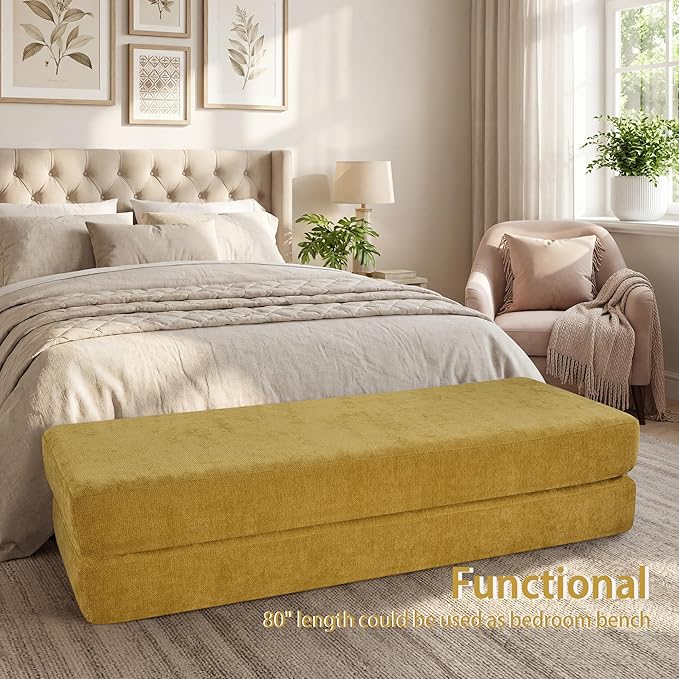 Convertible Chaise Lounge Chair Indoor Boneless Cloud Couch with 2 Pillows Sleeper Sofa for Living Room Bedroom Reading Nook- No Need Assembly (Yellow)