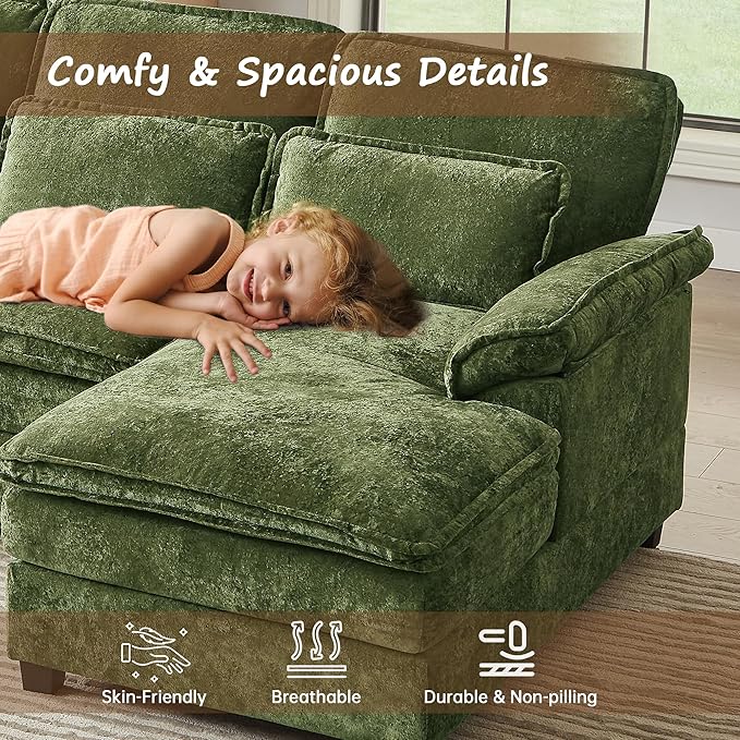 113 U Shaped Sectional Sofa Comfy Cloud Couch Chenille Sofa Sleeper Deep Seat Sofa with 4 Throw Pillows 4-Seater Double-Layer Modern Sofa for Living Room Green