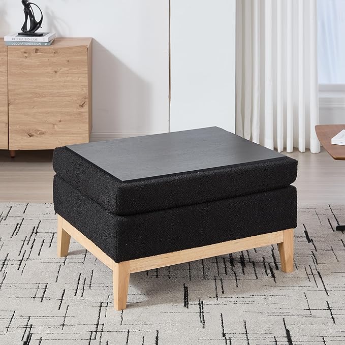 Wood Base Accent Arm Chair with Ottoman and Bolster PillowsStorage Footstool with Reversible Lid Coffee Table for Living Room Office (33.86W Black Foot Stool+Natural Base)