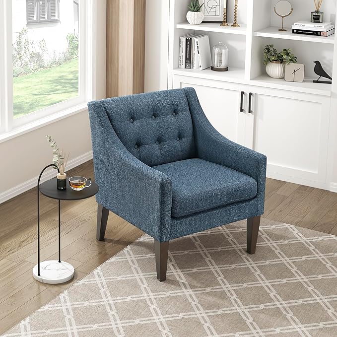 Lexicon Living Room Accent Chair Textured Fabric Upholstered Arm Chair with Button Tufted Back Sloped Arms and Wooden Legs Blue