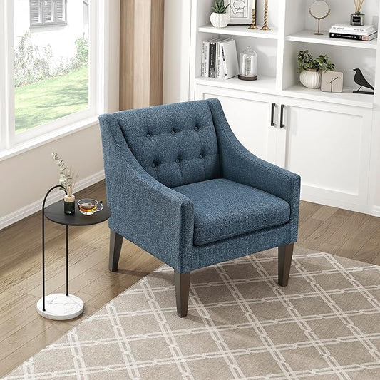 Lexicon Living Room Accent Chair Textured Fabric Upholstered Arm Chair with Button Tufted Back Sloped Arms and Wooden Legs Blue