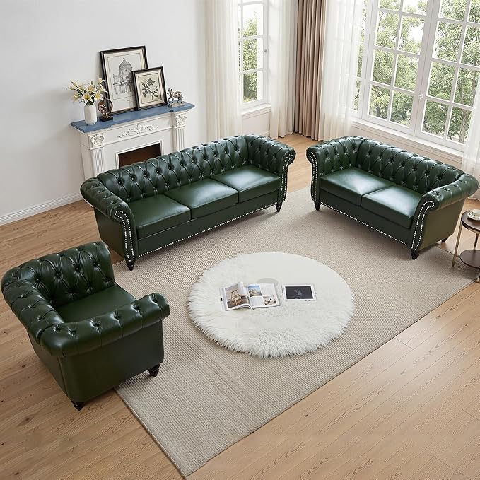 AVZEAR 84 Chesterfield Sofa Vintage Green 3-Seater PU Leather Couch Mid-Century Modern Faux Leather Sofa Button Tufted Back with Rolled Arms for Large Living Room Apartment Green