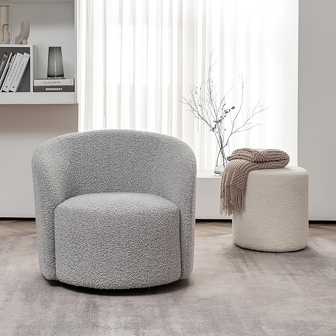 KINWELL 34 Boucle Swivel Barrel Chair with 18 Round Ottoman Set Fully Assembled Set of Sherpa Accent Chair and Footrest Modern Comfy Armchair and Footstool for Living Room and Bedroom Black White